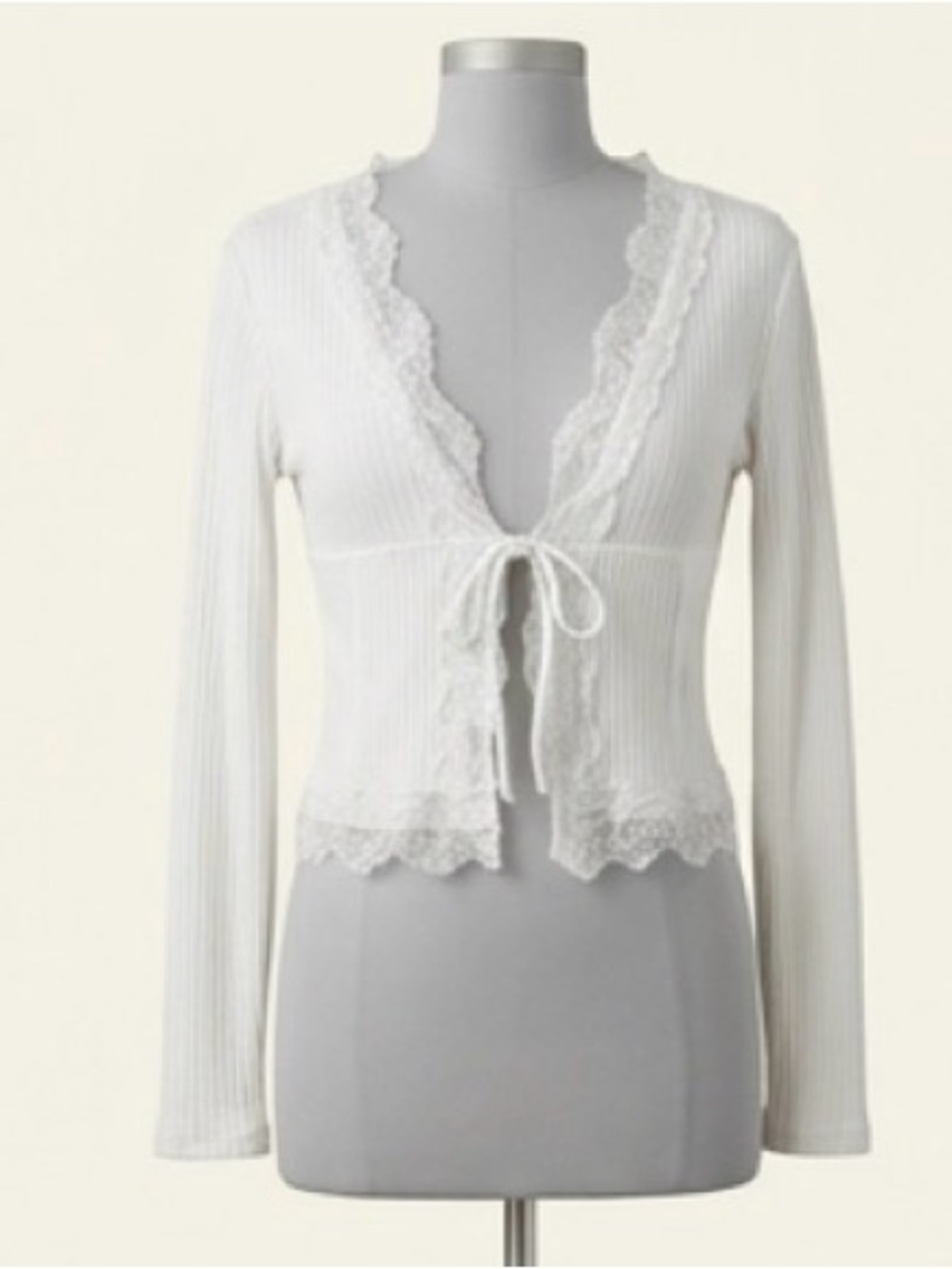 Forever 21 White Ribbed Lace Tie Front Cardigan Top Size Large